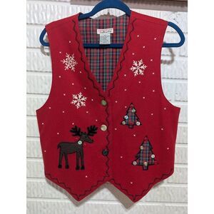 Talbots Christmas Women's  Red Wool With Buttons & Applique Vest Size M